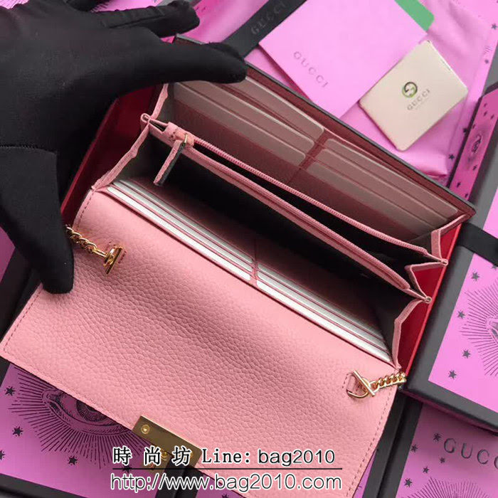GUCCI古馳 歐洲正品原單 padlock系列 最新二折款 爆款鏈條皮夾 453506 櫻花粉摔紋全皮 WTG1357